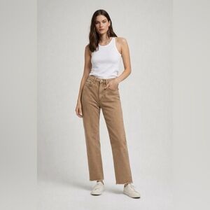 Re/Done Jeans Tan High Waist Tapered Leg Cotton Blend Raw Hem